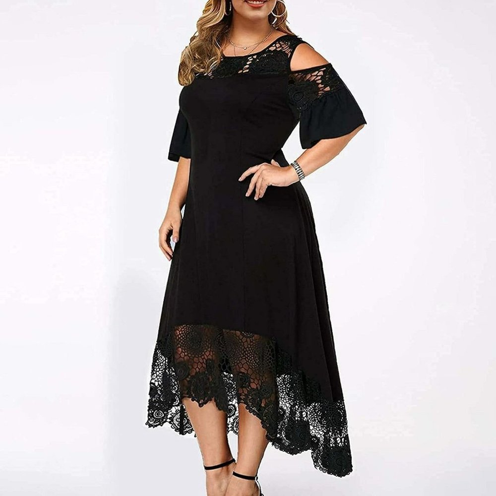 Black Casual Lace Cold Shoulder MIDI Dress Size XL